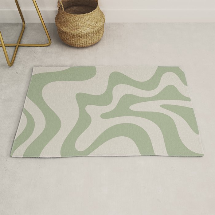 Retro Liquid Swirl Abstract Pattern Square Sage Green and Almond Beige Rug Gallery Image 1