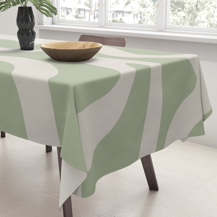 Retro Liquid Swirl Abstract Pattern Square Sage Green and Almond Beige Tablecloth Gallery Image 3