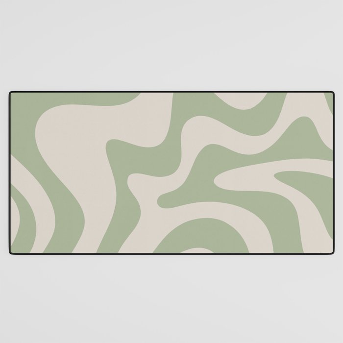 Retro Liquid Swirl Abstract Pattern Square Sage Green and Almond Beige Desk Mat Gallery Image 3