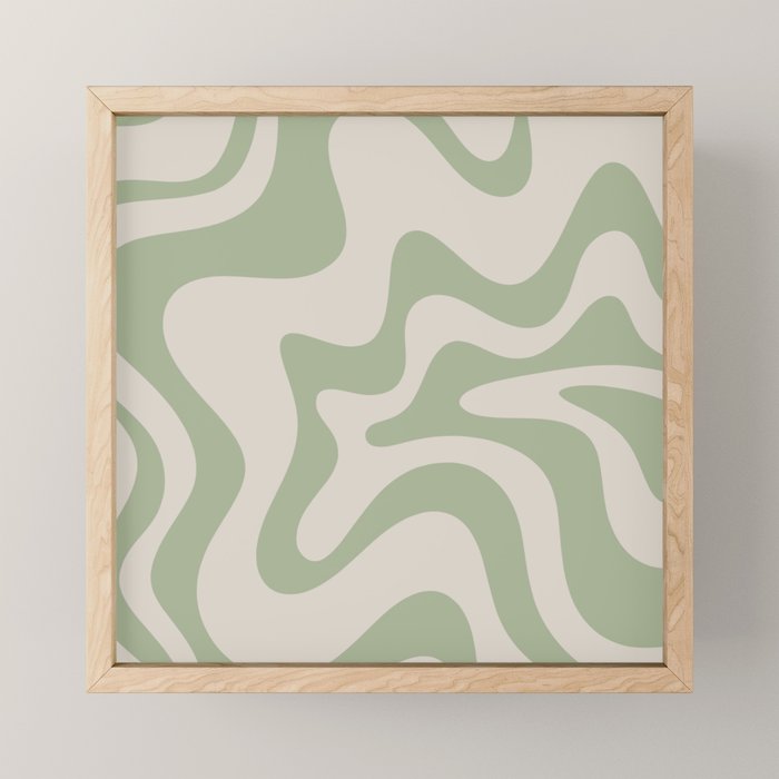 Retro Liquid Swirl Abstract Pattern Square Sage Green and Almond Beige Mini Art Print Gallery Image 1