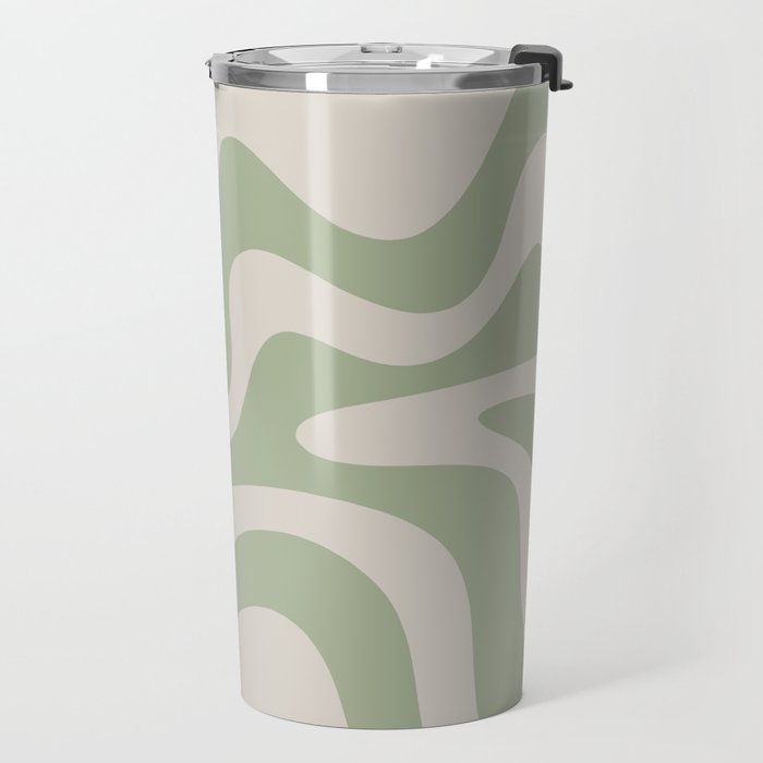 Retro Liquid Swirl Abstract Pattern Square Sage Green and Almond Beige Travel Mug Gallery Image 2