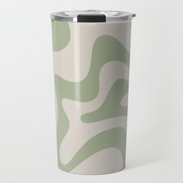 Retro Liquid Swirl Abstract Pattern Square Sage Green and Almond Beige Travel Mug Gallery Image 1