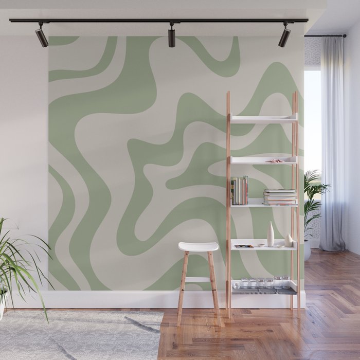 Retro Liquid Swirl Abstract Pattern Square Sage Green and Almond Beige Wall Mural Gallery Image 1