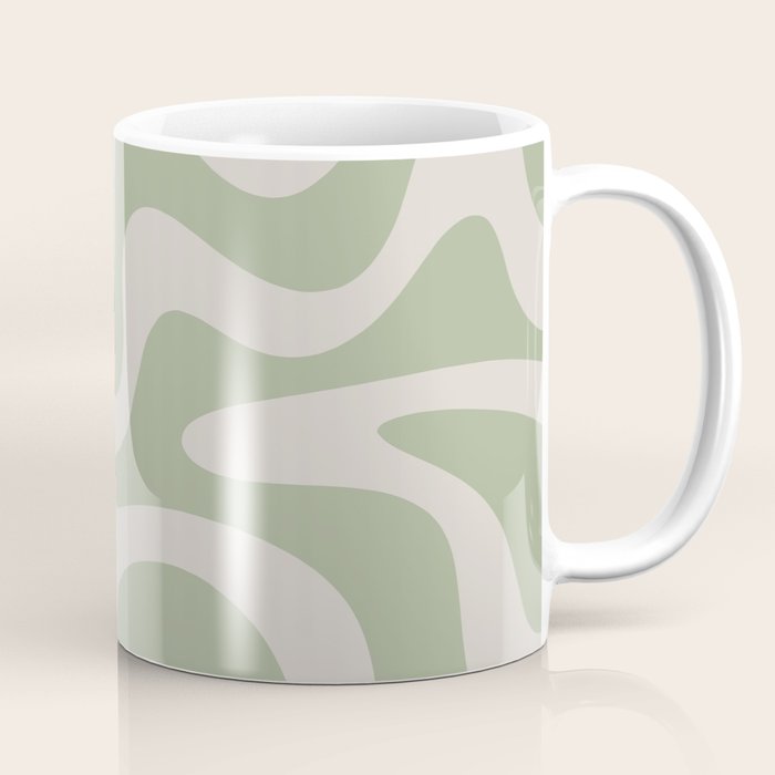 Retro Liquid Swirl Abstract Pattern Square Sage Green and Almond Beige Coffee Mug Gallery Image 1