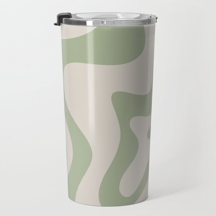 Retro Liquid Swirl Abstract Pattern Square Sage Green and Almond Beige Travel Mug Gallery Image 3