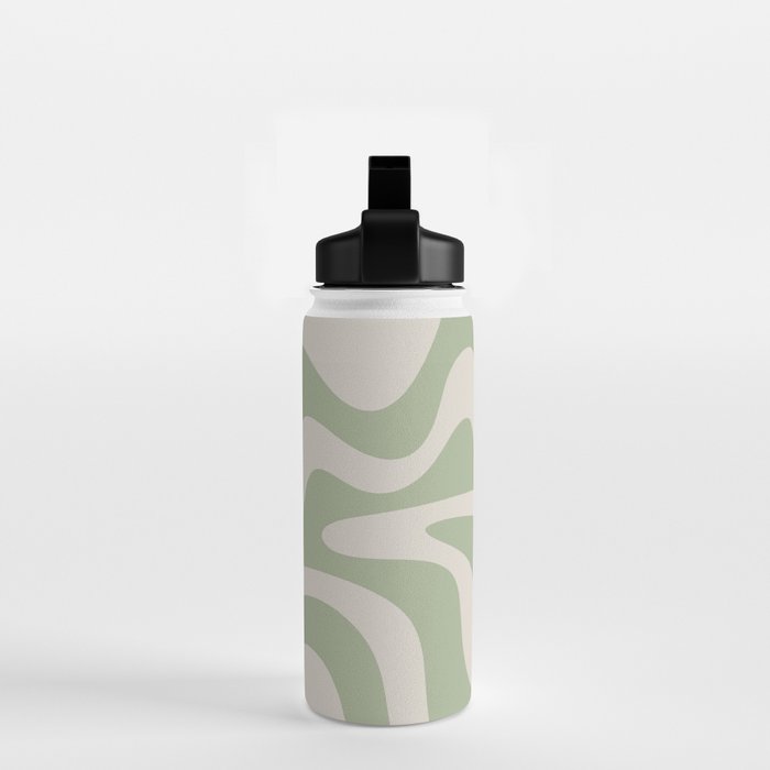 Retro Liquid Swirl Abstract Pattern Square Sage Green and Almond Beige Water Bottle Gallery Image 2