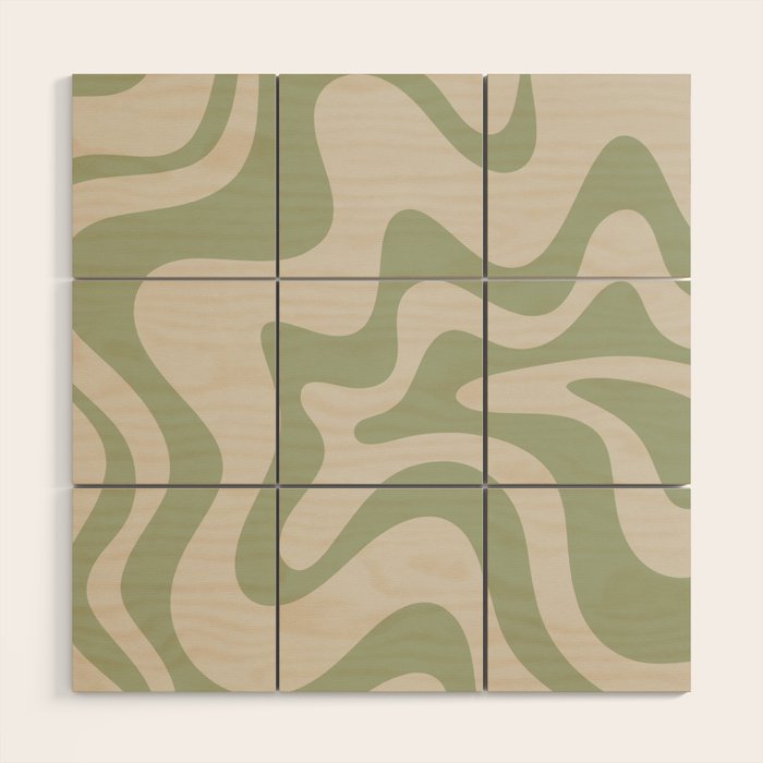 Retro Liquid Swirl Abstract Pattern Square Sage Green and Almond Beige Wood Wall Art Gallery Image 3