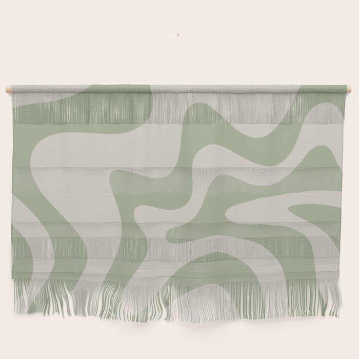 Retro Liquid Swirl Abstract Pattern Square Sage Green and Almond Beige Wall Hanging Gallery Image 1