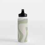 Retro Liquid Swirl Abstract Pattern Square Sage Green and Almond Beige Water Bottle Gallery Image 3