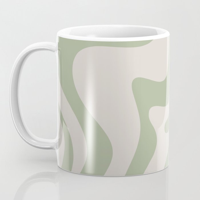 Retro Liquid Swirl Abstract Pattern Square Sage Green and Almond Beige Coffee Mug Gallery Image 3
