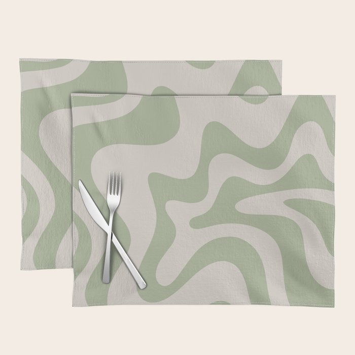 Retro Liquid Swirl Abstract Pattern Square Sage Green and Almond Beige Placemat Gallery Image 1