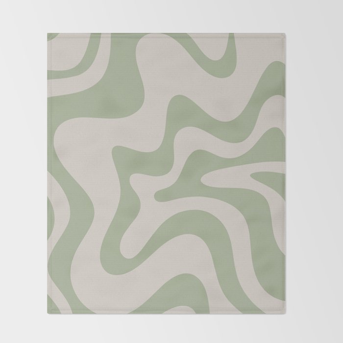Retro Liquid Swirl Abstract Pattern Square Sage Green and Almond Beige Throw Blanket Gallery Image 2