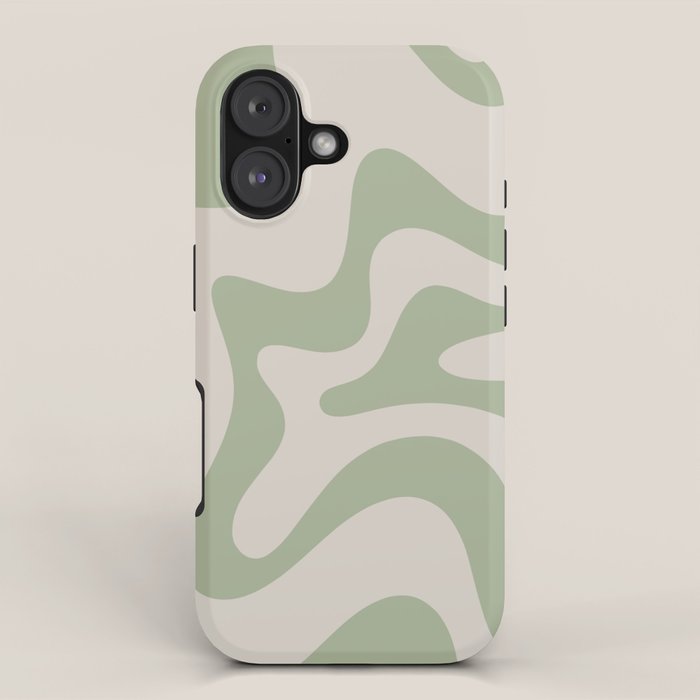 Retro Liquid Swirl Abstract Pattern Square Sage Green and Almond Beige iPhone Case Gallery Image 1