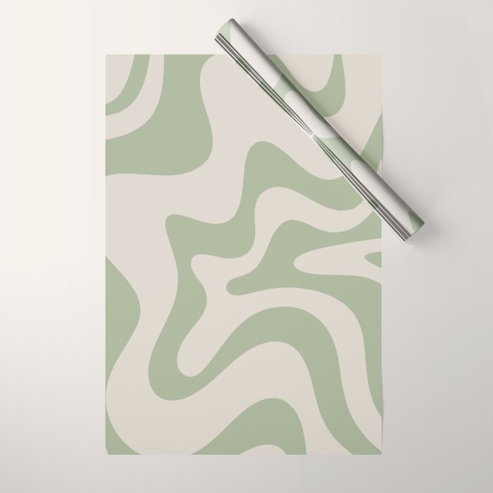 Retro Liquid Swirl Abstract Pattern Square Sage Green and Almond Beige Wrapping Paper Gallery Image 1