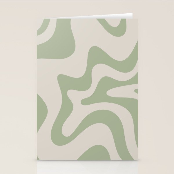 Retro Liquid Swirl Abstract Pattern Square Sage Green and Almond Beige Stationery Card Gallery Image 1