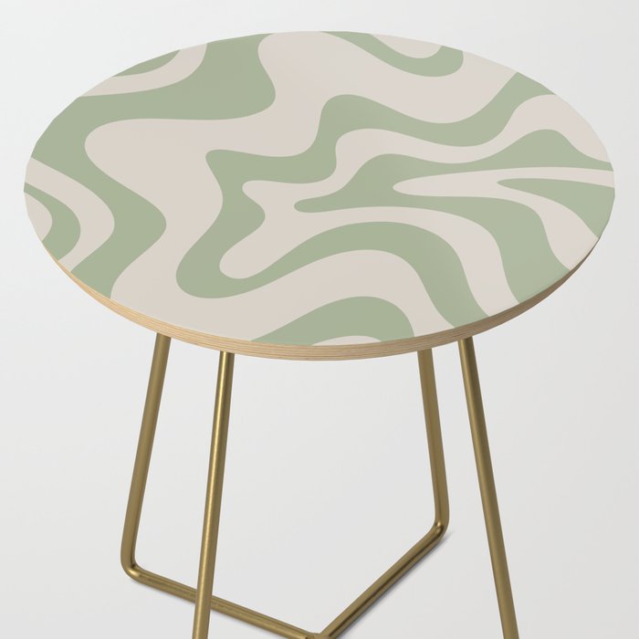 Retro Liquid Swirl Abstract Pattern Square Sage Green and Almond Beige Side Table Gallery Image 2