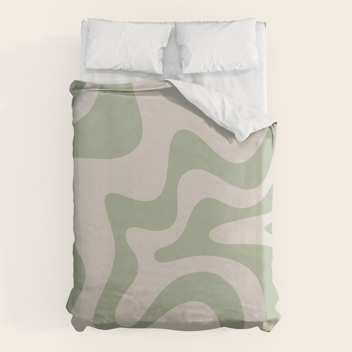 Retro Liquid Swirl Abstract Pattern Square Sage Green and Almond Beige Duvet Cover Gallery Image 1