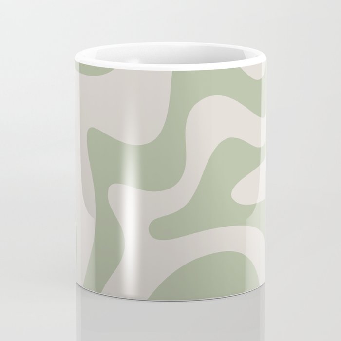 Retro Liquid Swirl Abstract Pattern Square Sage Green and Almond Beige Coffee Mug Gallery Image 4