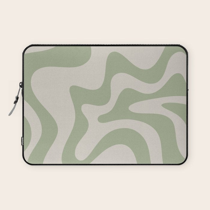 Retro Liquid Swirl Abstract Pattern Square Sage Green and Almond Beige Laptop Sleeve Gallery Image 1