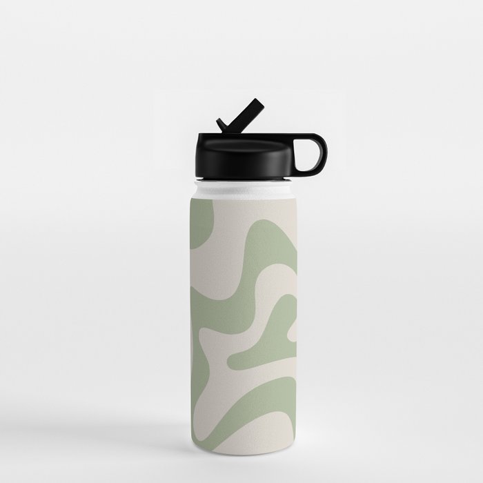 Retro Liquid Swirl Abstract Pattern Square Sage Green and Almond Beige Water Bottle Gallery Image 1