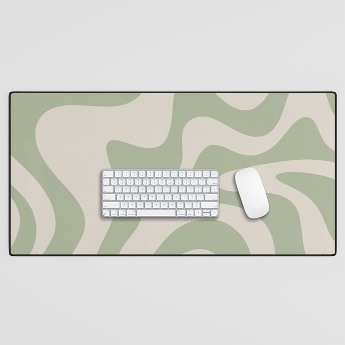 Retro Liquid Swirl Abstract Pattern Square Sage Green and Almond Beige Desk Mat Gallery Image 1
