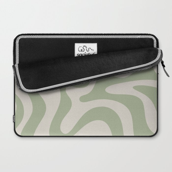 Retro Liquid Swirl Abstract Pattern Square Sage Green and Almond Beige Laptop Sleeve Gallery Image 2