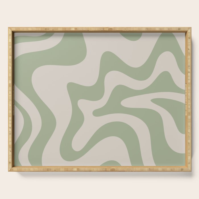 Retro Liquid Swirl Abstract Pattern Square Sage Green and Almond Beige Serving Tray Gallery Image 1