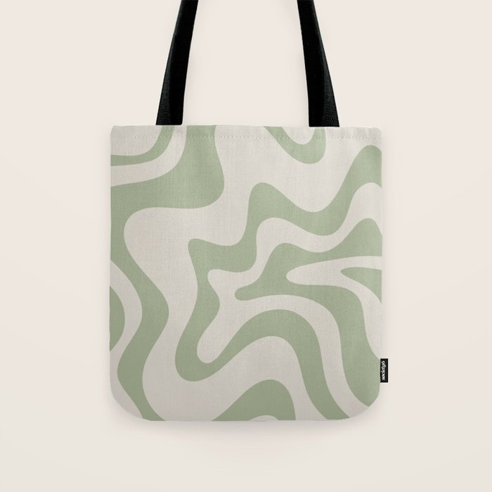 Retro Liquid Swirl Abstract Pattern Square Sage Green and Almond Beige Tote Bag Gallery Image 1