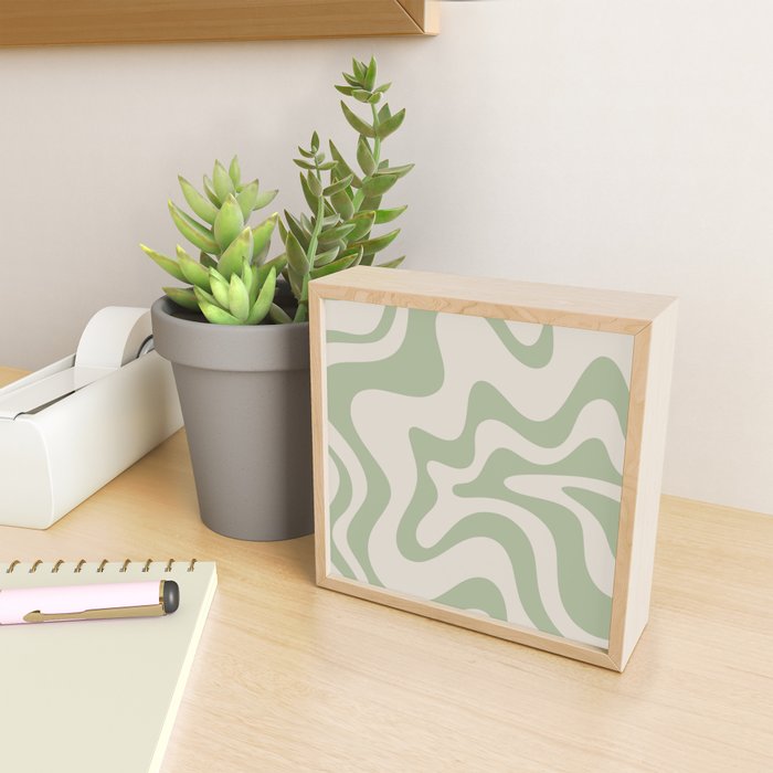 Retro Liquid Swirl Abstract Pattern Square Sage Green and Almond Beige Mini Art Print Gallery Image 2