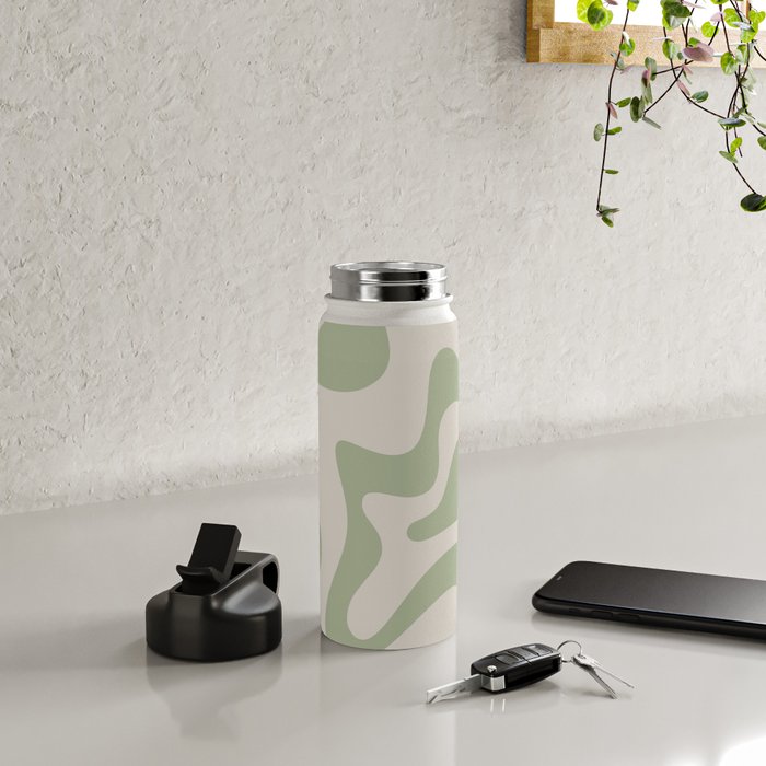 Retro Liquid Swirl Abstract Pattern Square Sage Green and Almond Beige Water Bottle Gallery Image 4