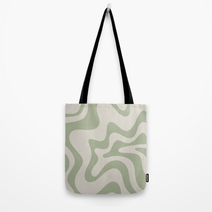 Retro Liquid Swirl Abstract Pattern Square Sage Green and Almond Beige Tote Bag Gallery Image 2