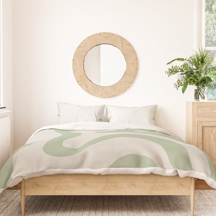 Retro Liquid Swirl Abstract Pattern Square Sage Green and Almond Beige Duvet Cover Gallery Image 3