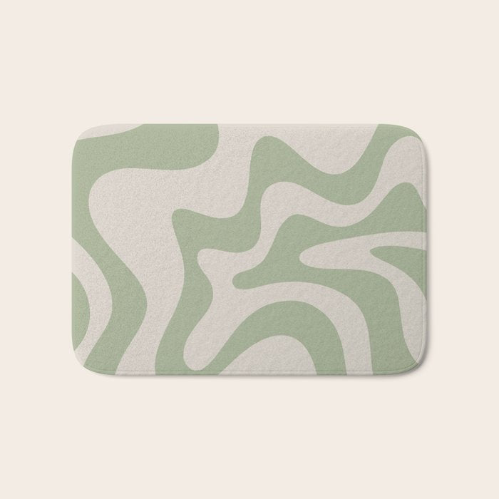 Retro Liquid Swirl Abstract Pattern Square Sage Green and Almond Beige Bath Mat Gallery Image 1