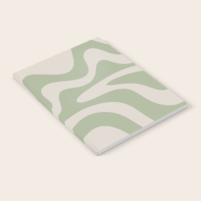 Retro Liquid Swirl Abstract Pattern Square Sage Green and Almond Beige Notebook Gallery Image 1