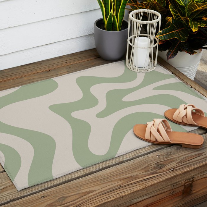 Retro Liquid Swirl Abstract Pattern Square Sage Green and Almond Beige Outdoor Rug Gallery Image 2