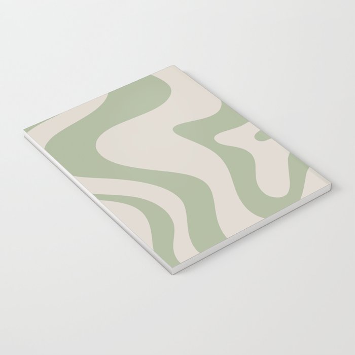 Retro Liquid Swirl Abstract Pattern Square Sage Green and Almond Beige Notebook Gallery Image 3
