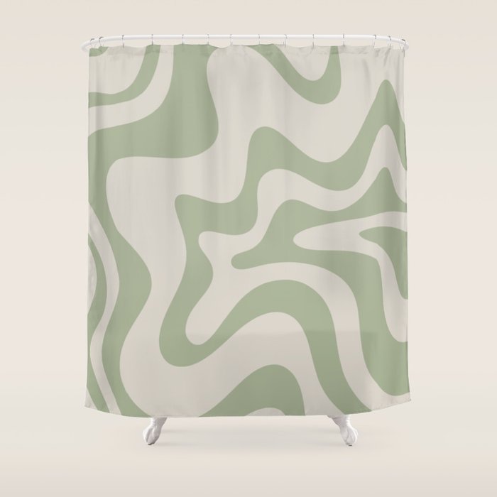Retro Liquid Swirl Abstract Pattern Square Sage Green and Almond Beige Shower Curtain Gallery Image 1