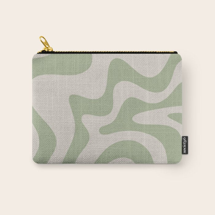 Retro Liquid Swirl Abstract Pattern Square Sage Green and Almond Beige Carry All Pouch Gallery Image 1