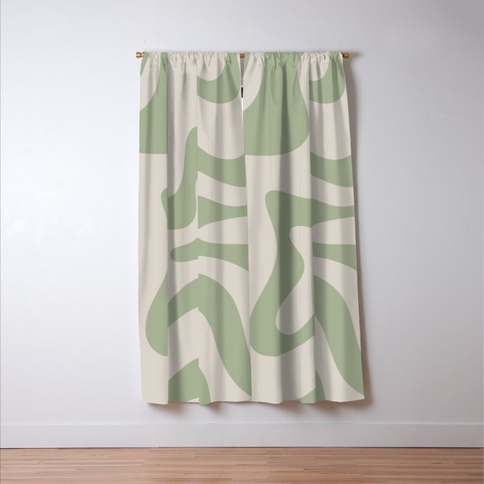 Retro Liquid Swirl Abstract Pattern Square Sage Green and Almond Beige Window Curtain Gallery Image 3