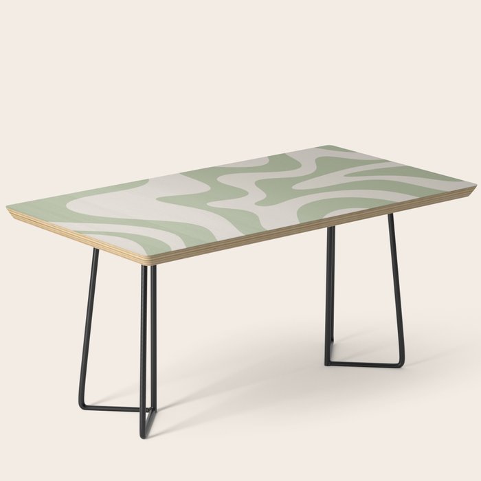 Retro Liquid Swirl Abstract Pattern Square Sage Green and Almond Beige Coffee Table Gallery Image 1