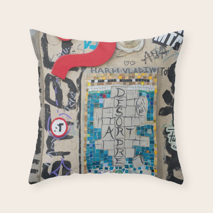 Red question mark on a wall Throw Pillow Gallery Image 1