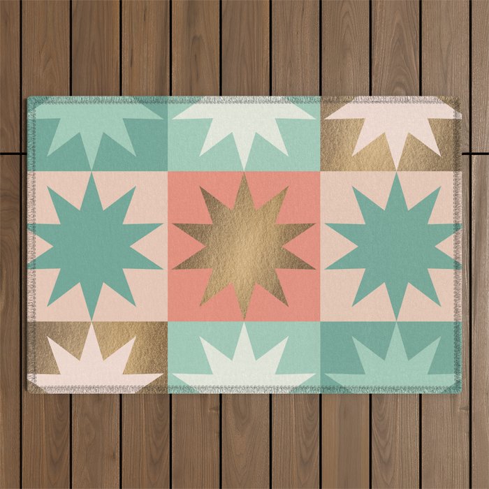 Retro Festive Christmas Star check pattern  Outdoor Rug Gallery Image 1