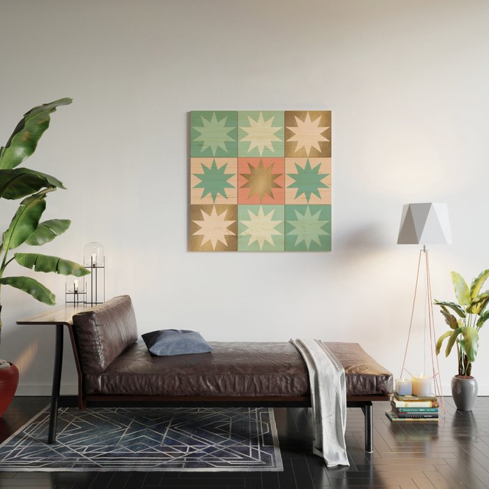 Retro Festive Christmas Star check pattern  Wood Wall Art Gallery Image 2