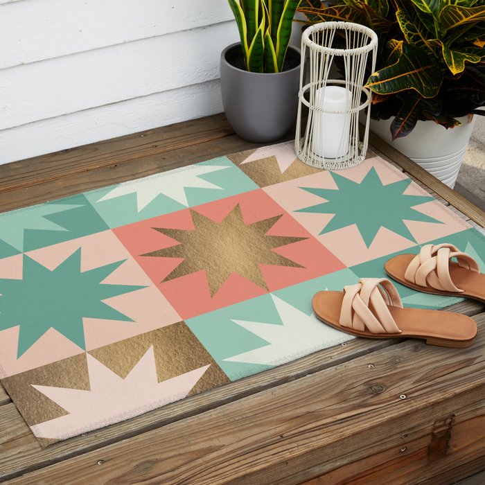 Retro Festive Christmas Star check pattern  Outdoor Rug Gallery Image 2