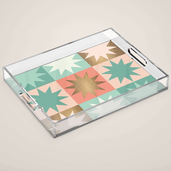 Retro Festive Christmas Star check pattern  Acrylic Tray Gallery Image 1