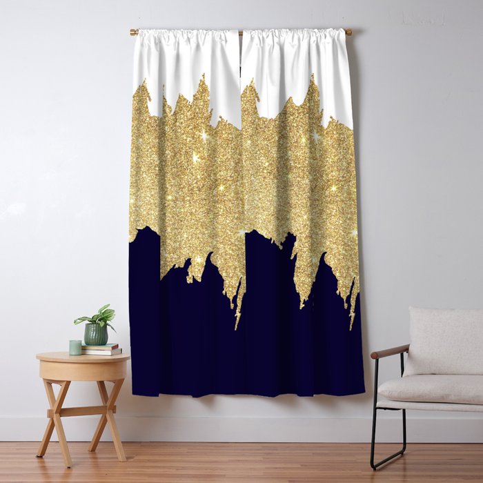 Modern navy blue white faux gold glitter brushstrokes Window Curtain Gallery Image 5