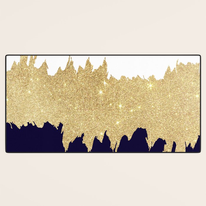 Modern navy blue white faux gold glitter brushstrokes Desk Mat Gallery Image 3