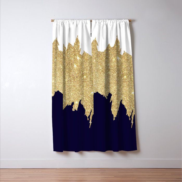 Modern navy blue white faux gold glitter brushstrokes Window Curtain Gallery Image 3