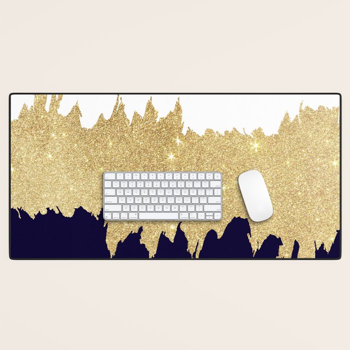 Modern navy blue white faux gold glitter brushstrokes Desk Mat Gallery Image 1