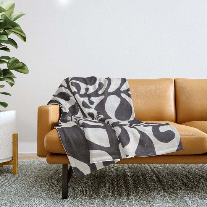 Linocut Plant #1 / Black & White Throw Blanket Gallery Image 1